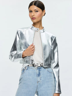 Alice + Olivia - Lari Vegan Leather Pitched Back Moto Jacket - Silver