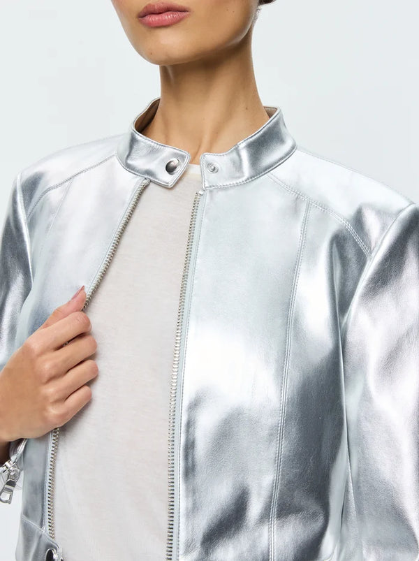 Alice + Olivia - Lari Vegan Leather Pitched Back Moto Jacket - Silver