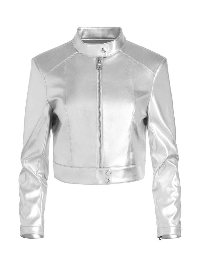 Alice + Olivia - Lari Vegan Leather Pitched Back Moto Jacket - Silver