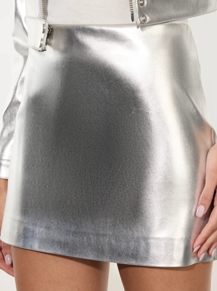 Alice + Olivia - Elana Vegan Leather Mini Skirt - Silver