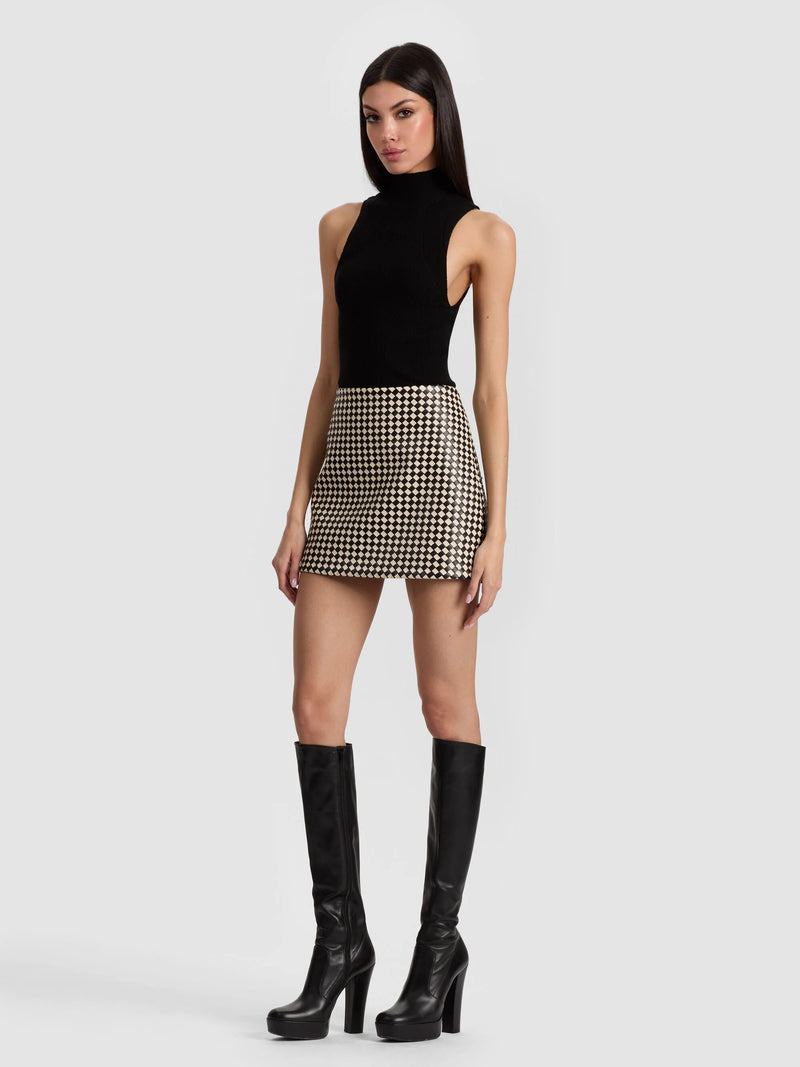 Alice + Olivia - Elana Vegan Mini Skirt - Black/Biscotti