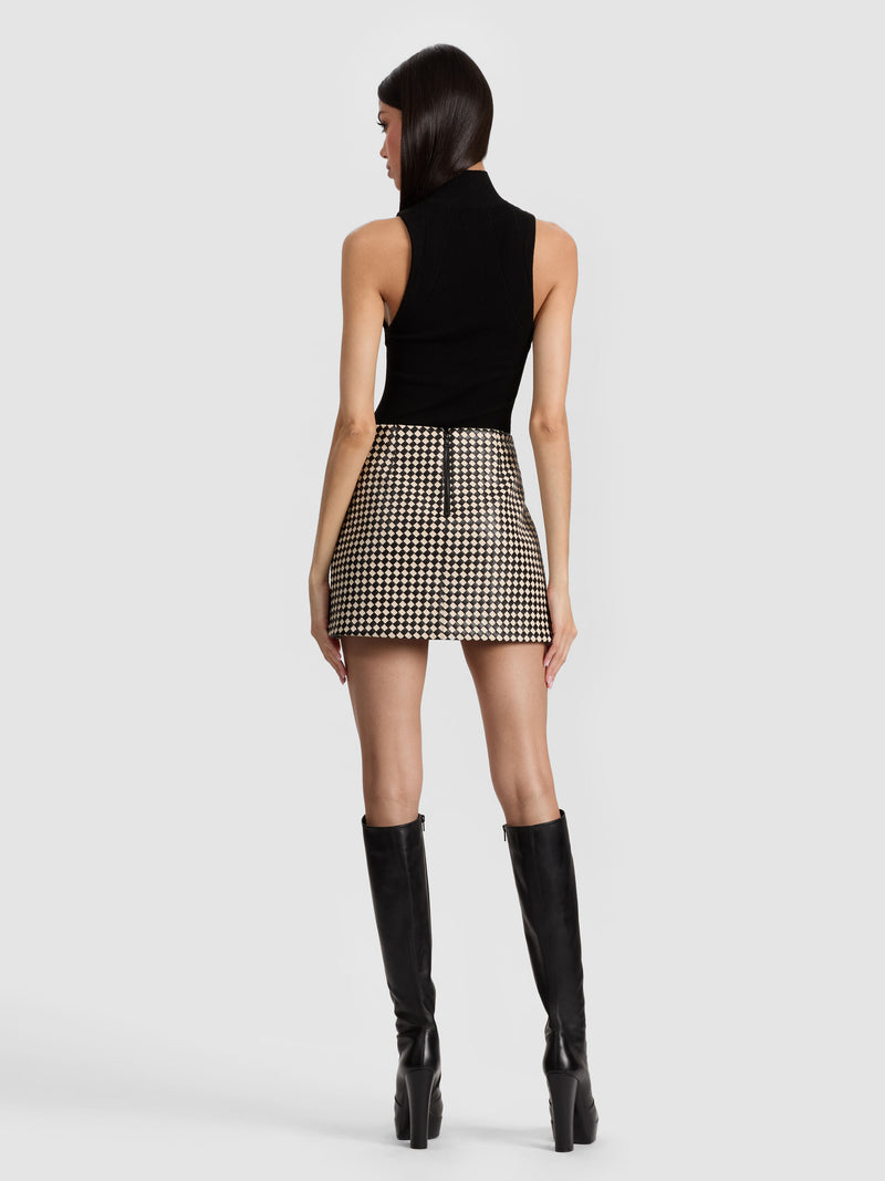 Alice + Olivia - Elana Vegan Mini Skirt - Black/Biscotti