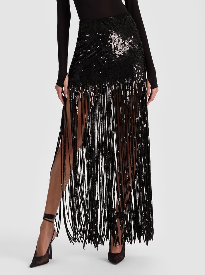 Alice + Olivia - Kendra Sequin Fringe Maxi Skirt - Black