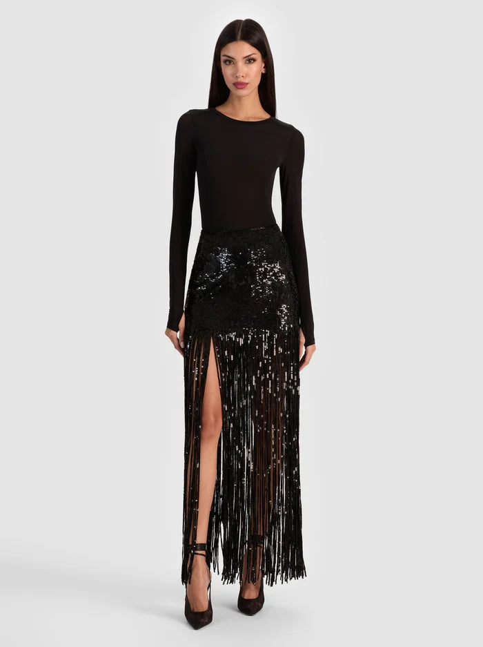 Alice + Olivia - Kendra Sequin Fringe Maxi Skirt - Black