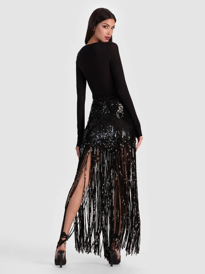 Alice + Olivia - Kendra Sequin Fringe Maxi Skirt - Black
