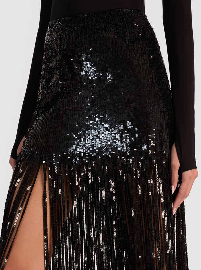 Alice + Olivia - Kendra Sequin Fringe Maxi Skirt - Black