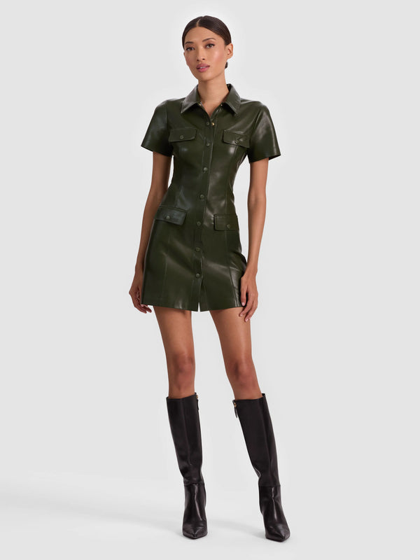 Alice + Olivia - Jamie Vegan Leather Collared Mini Dress - Dark Olive