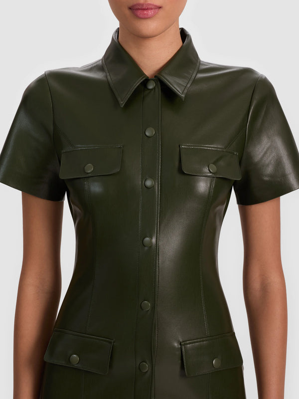 Alice + Olivia - Jamie Vegan Leather Collared Mini Dress - Dark Olive