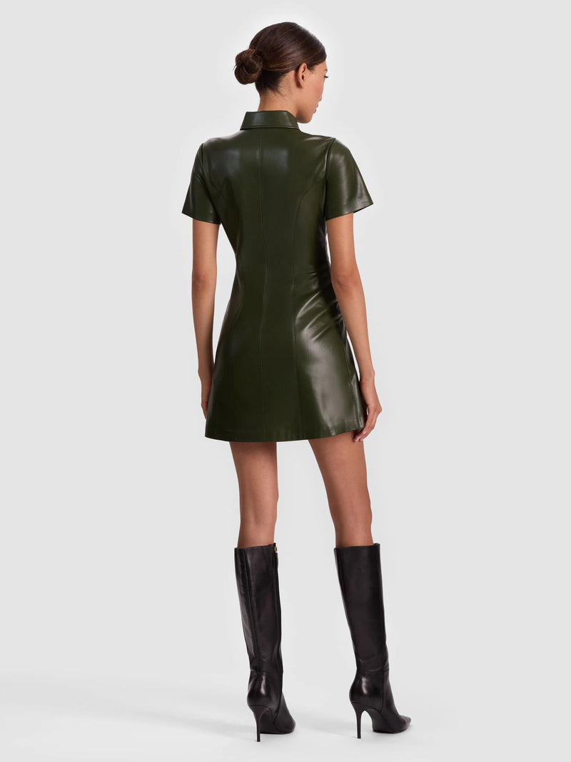 Alice + Olivia - Jamie Vegan Leather Collared Mini Dress - Dark Olive