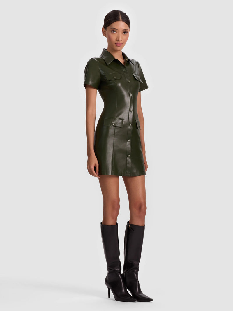 Alice + Olivia - Jamie Vegan Leather Collared Mini Dress - Dark Olive