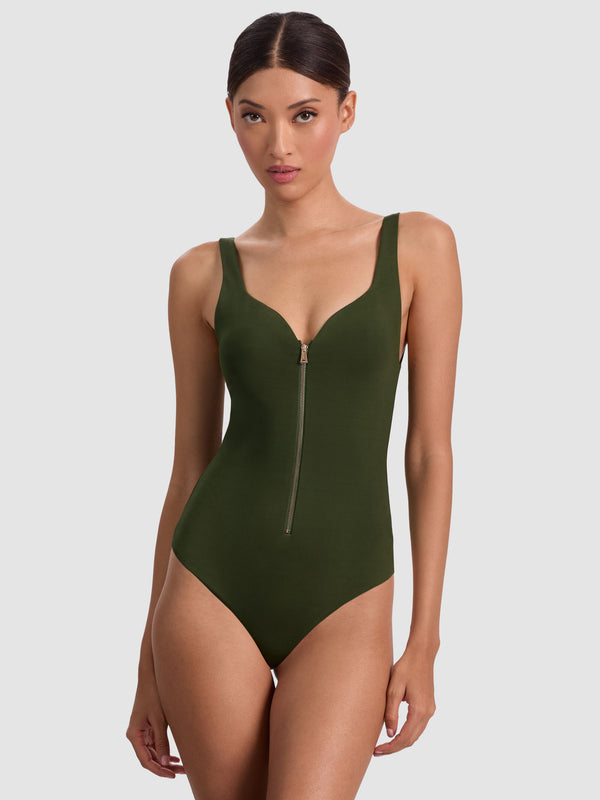 Alice + Olivia - Eve Zip Front Bodysuit - Dark Olive