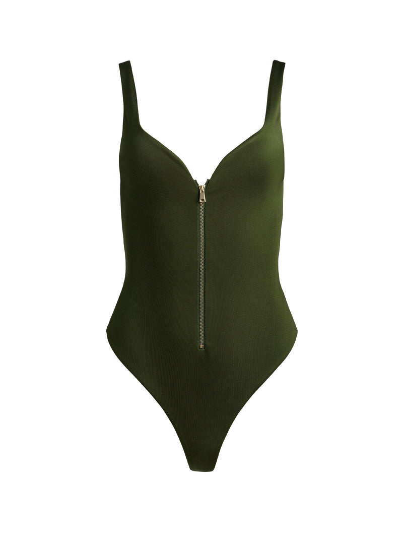 Alice + Olivia - Eve Zip Front Bodysuit - Dark Olive