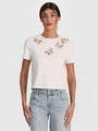 Alice + Olivia - Cindy Embellished Cutout Tee - Off white/Silver Crystal