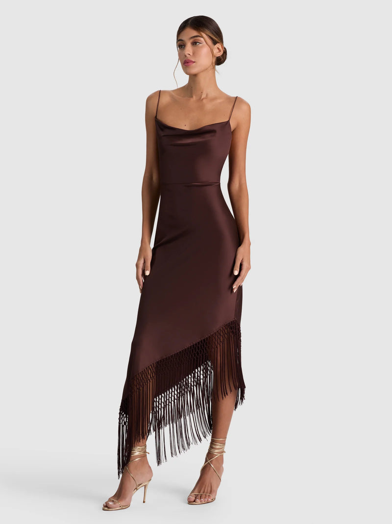 alice + olivia harmony asymmetric midi dress - With Fringe Size:Large Hollywood favorite alice + black_friday_2024 A-line Straight Pleated Floor-Length