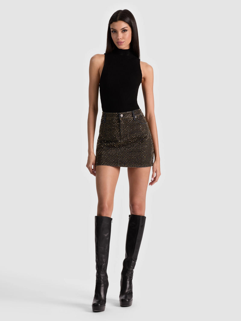 Alice + Olivia - Joss Embellished Denim Skirt - Maya Charcoal Black