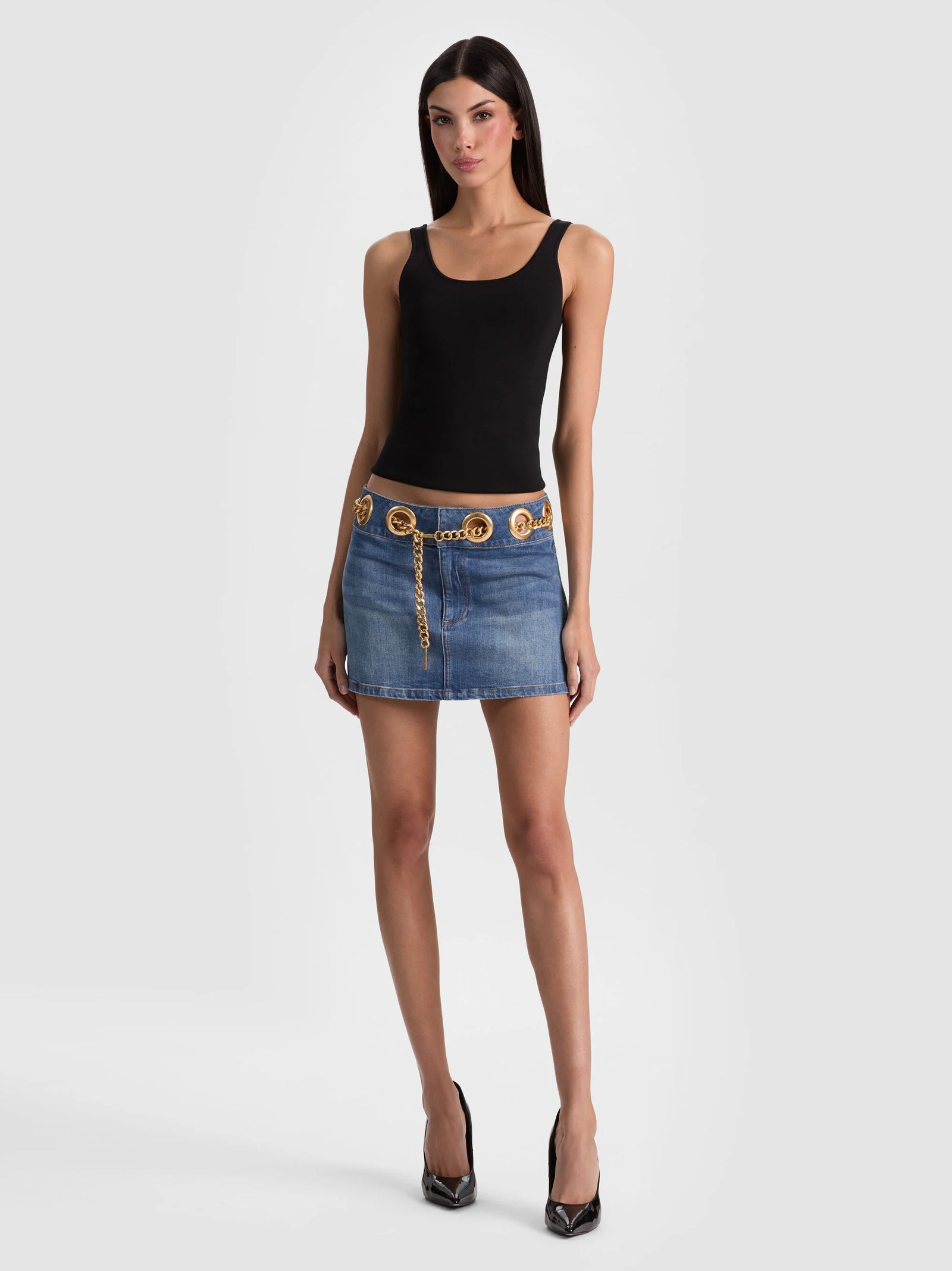 スカート litmus herpraha Balloon mini skirt belt Alice + Olivia - Morgana Chain Belt Denim Mini Skirt - Brooklyn Blue