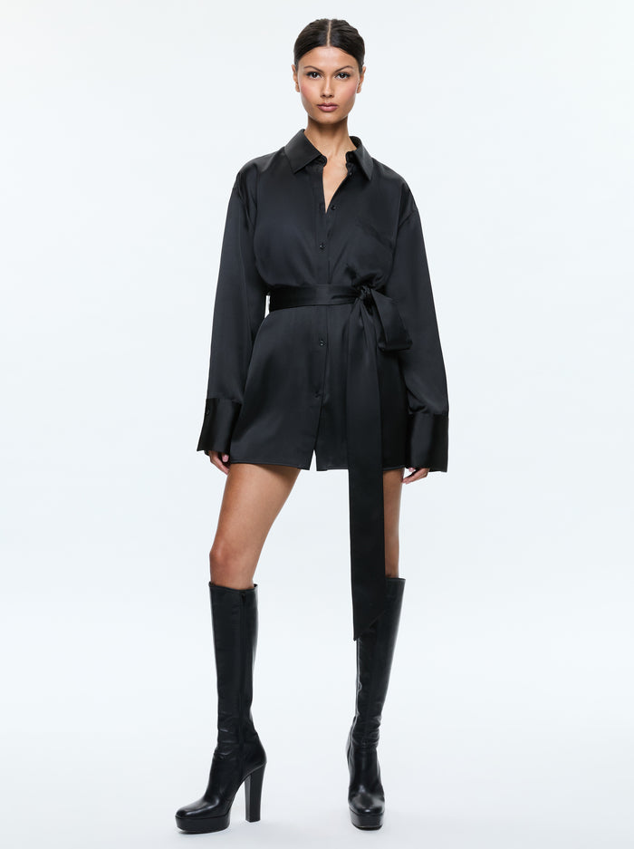 Alice + Olivia - Finely Oversized Mini Shirt Dress - Black