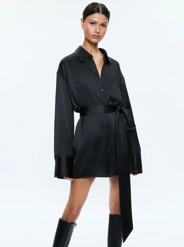 Alice + Olivia - Finely Oversized Mini Shirt Dress - Black