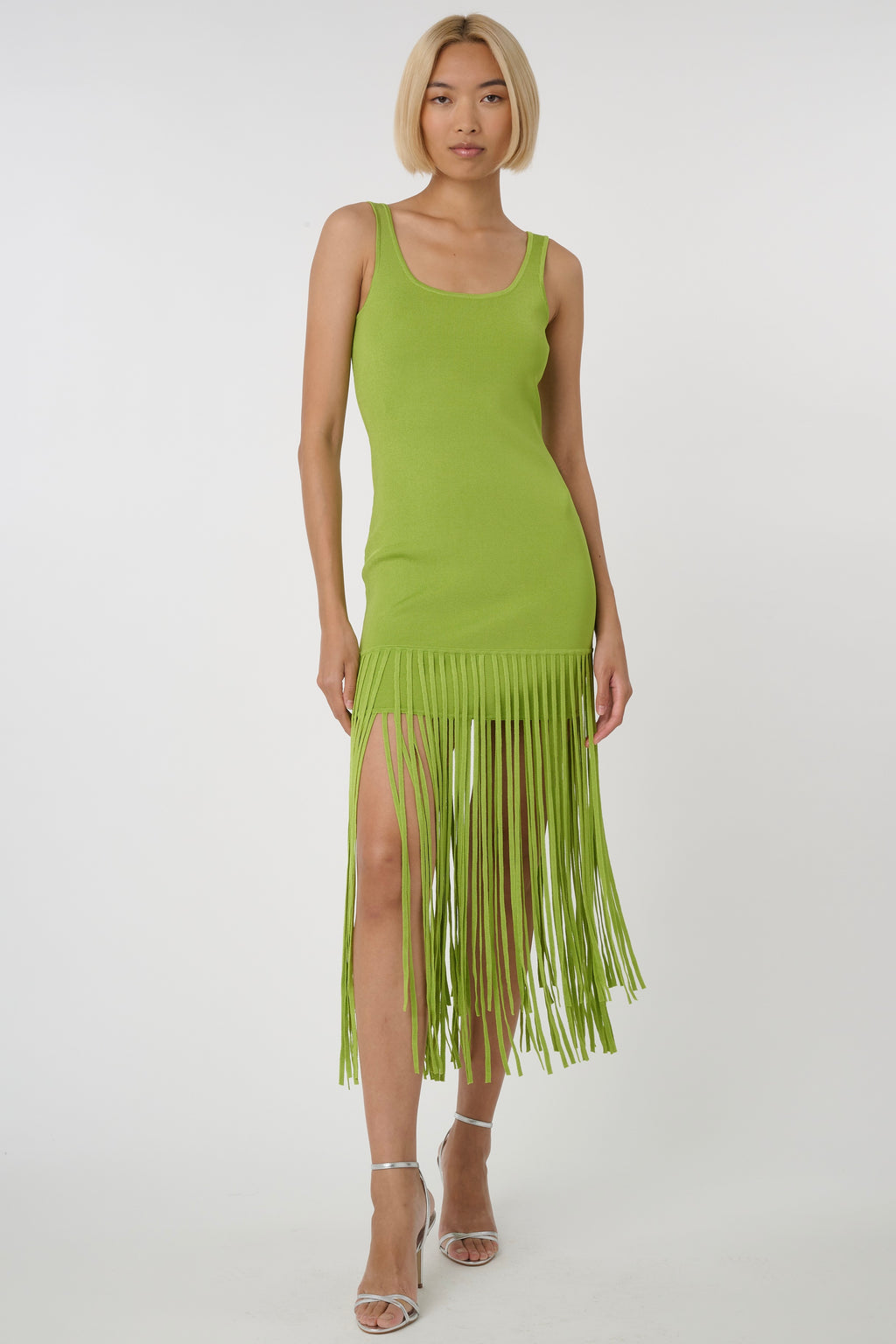 lime green fringe dress Toccin Women's Roxanne Scoop Neck - - Size M Striking tiered fringe detail Learn From The Best active_focus_feb2024 Suit Jacket/Waist Size:42/36