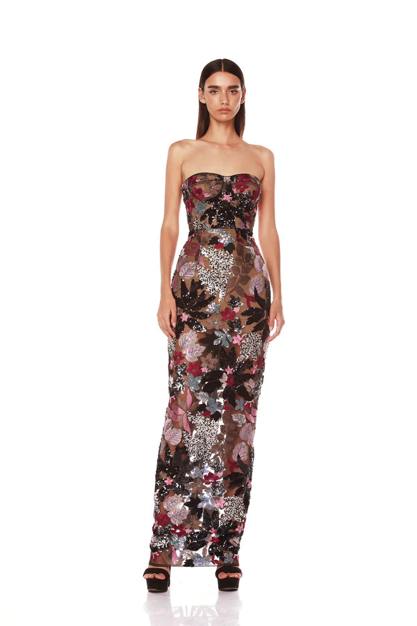 Bronx and Banco - Dahlia Embroidered Strapless Maxi Dress - Silver Multi