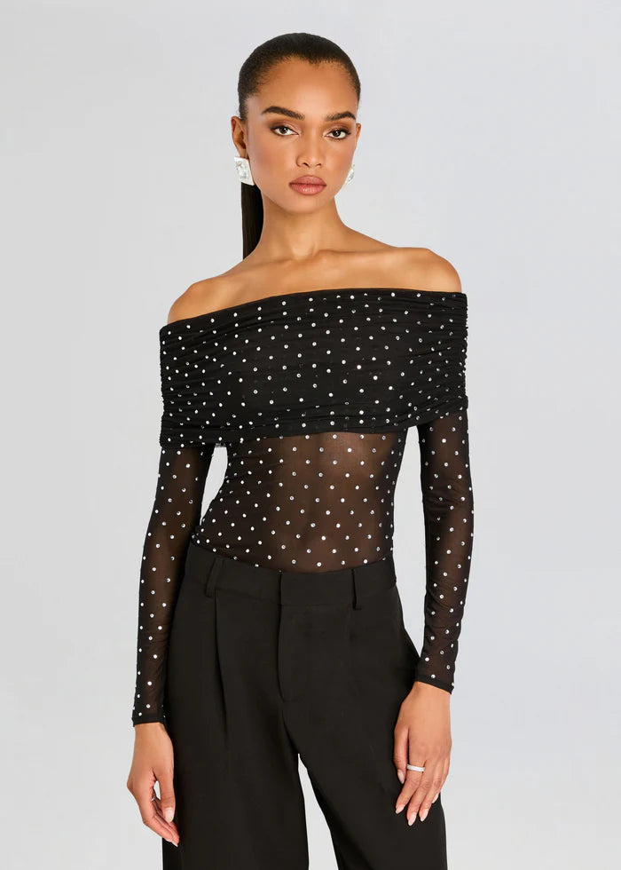 Retrofete - Oriana Embellished Mesh Top - Black/Silver