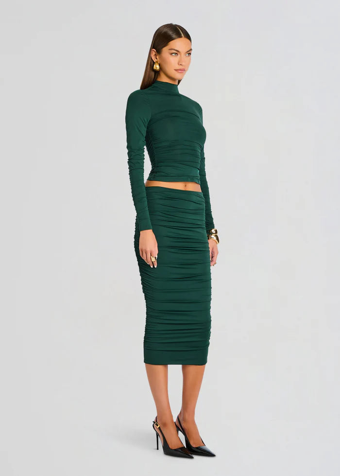 SER.O.YA - Darcy Mid Rise Ruched Midi Skirt - Evergreen