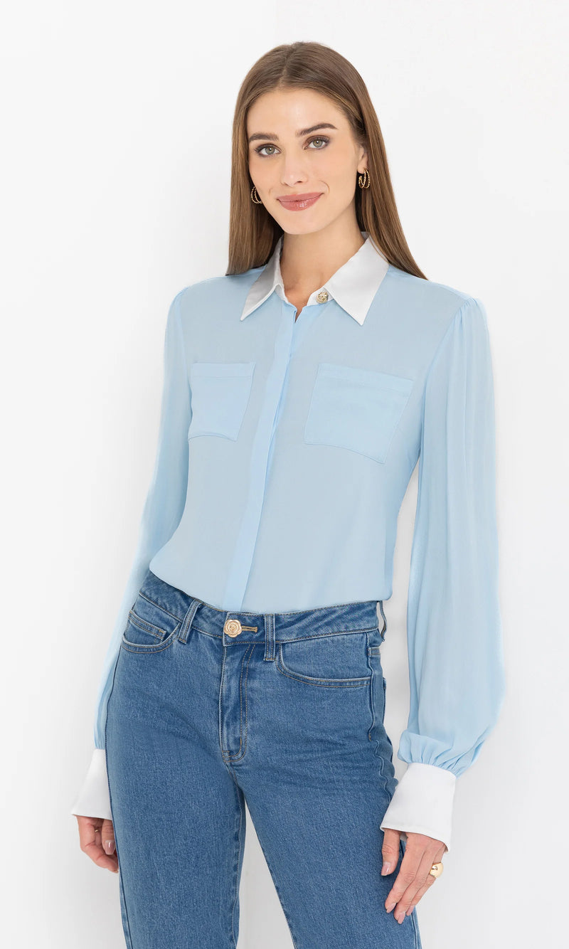 Generation Love - Denise Georgette Combo Blouse - Powder Blue/White