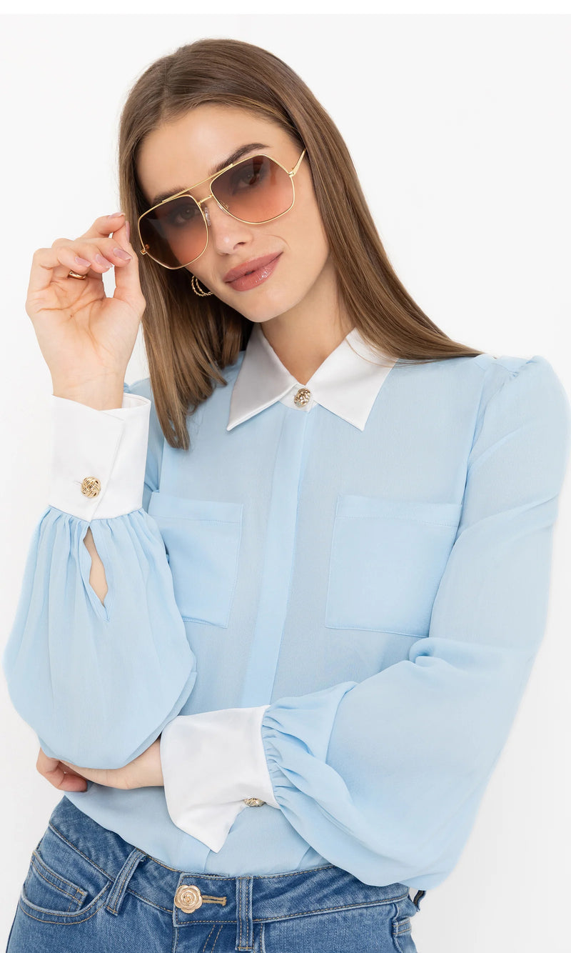 Generation Love - Denise Georgette Combo Blouse - Powder Blue/White