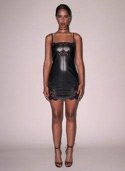 Fleur Du Mal - Leather Guipure Embroidery Mini Dress - Black