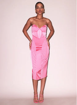 Fleur Du Mal - Satin and Mesh Bustier Midi Dress - Pink Obsession