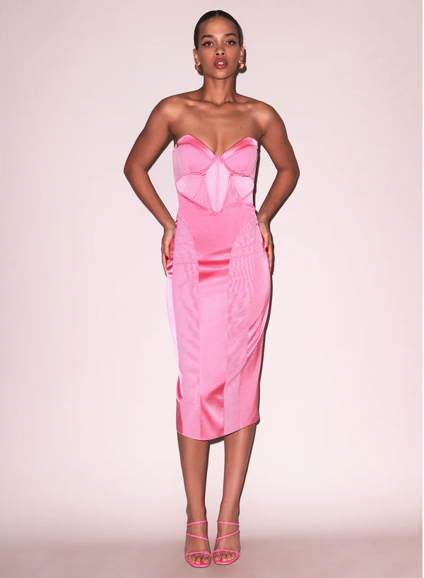 Fleur Du Mal - Satin and Mesh Bustier Midi Dress - Pink Obsession