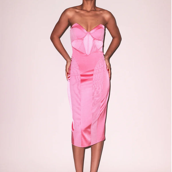 Fleur Du Mal - Satin and Mesh Bustier Midi Dress - Pink Obsession