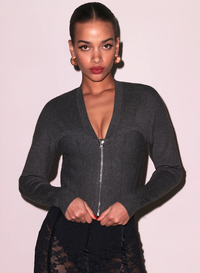 Fleur Du Mal - Knit Zip Bustier Cardigan - Dark Heather Grey