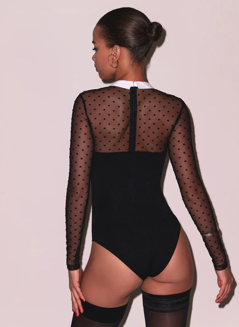 Fleur Du Mal - Collared Bodysuit with Dotted Tulle - Black