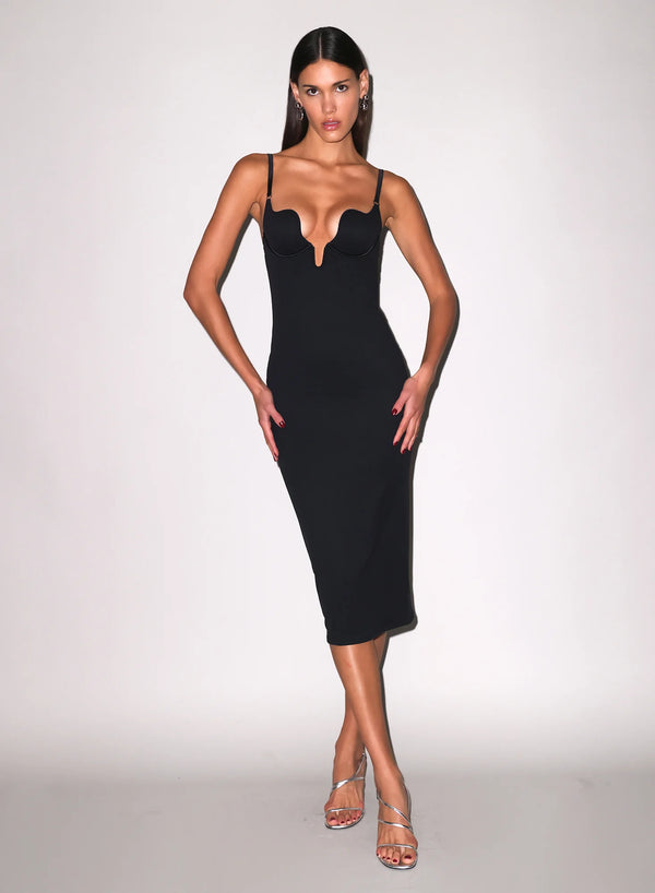 Fleur du Mal Le Stretch Micro U-Plunge Midi Dress in Black