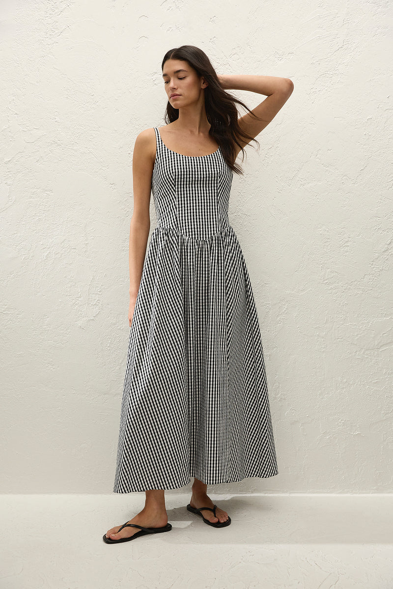 faithfull the brand black midi dress Faithfull | Women's Chiara Midi Dress Black Textured Gingham
