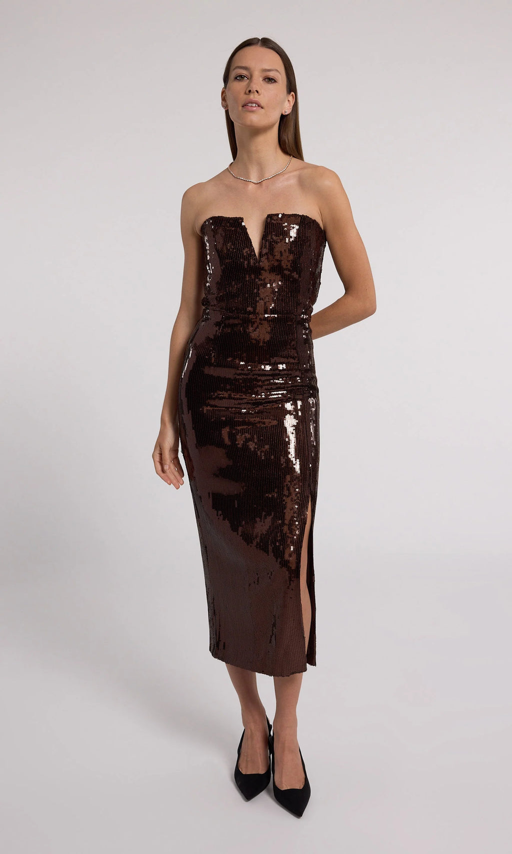 brown shiny dress Chocolate Brown Sequin Cut-Out Midi Dress by Chloe Lewis main image 1