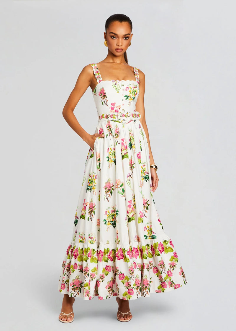 Hemant and Nandita -  Long Dress with Buckle Belt - White Floral