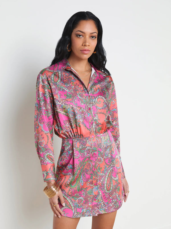 L’agence - Demetria Mini Shirt Dress - Rhodamine Multi Bright Pop Paisley
