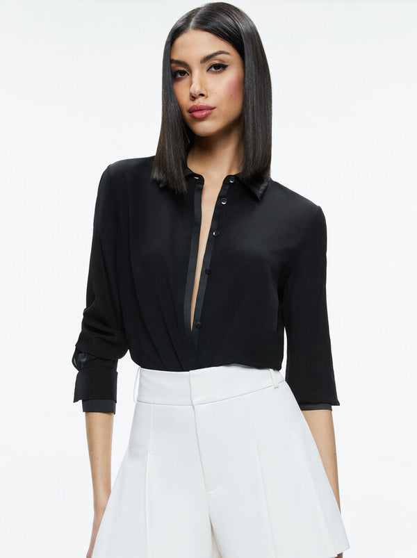 Alice + Olivia - Willa Relaxed Placket Top With Piping Detail - Black
