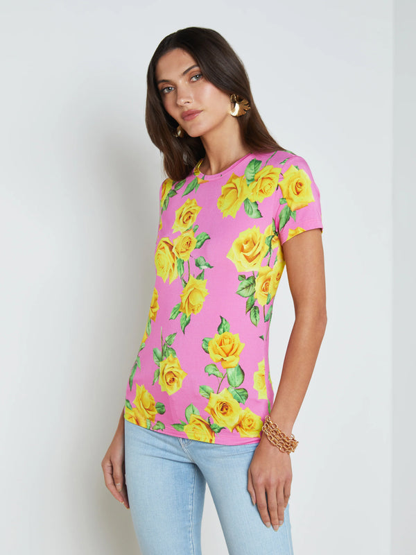 L’agence - Ressi S/S Fitted Tee - Shocking Pink/Yellow Roses