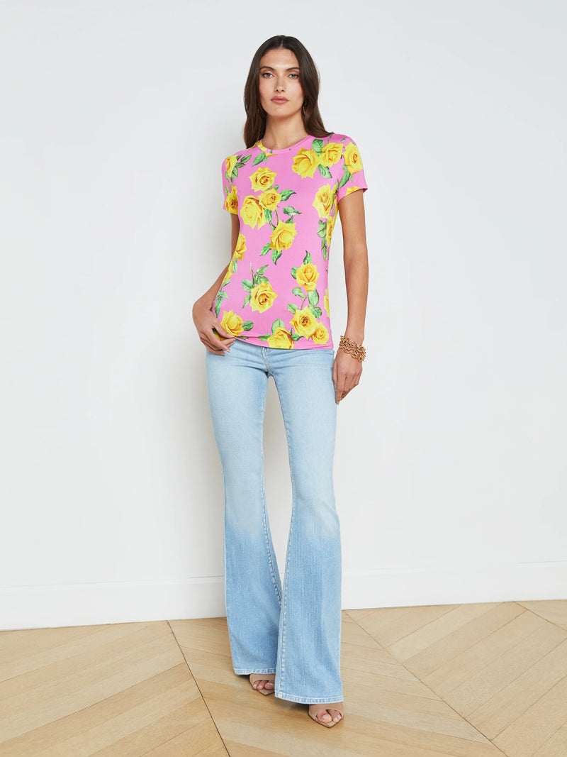 L’agence - Ressi S/S Fitted Tee - Shocking Pink/Yellow Roses