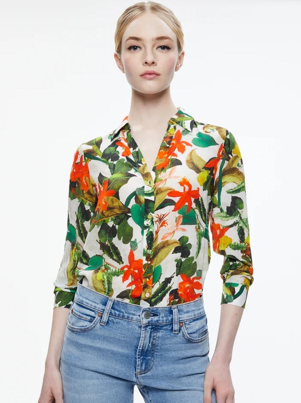 Alice + Olivia - Elouise Button Down Blouse - Tropical Sunrise Off White