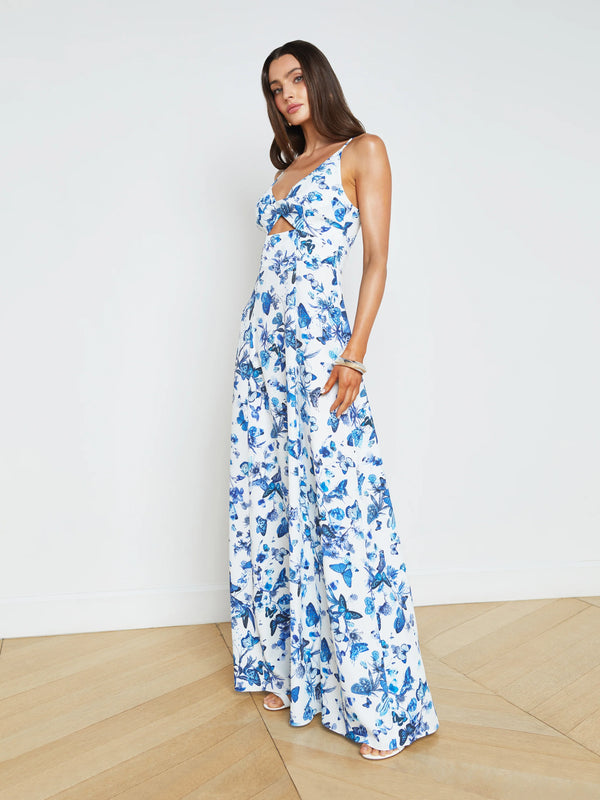 L’agence - Porter Twist Front Dress - White/Blue Tonal Butterflies