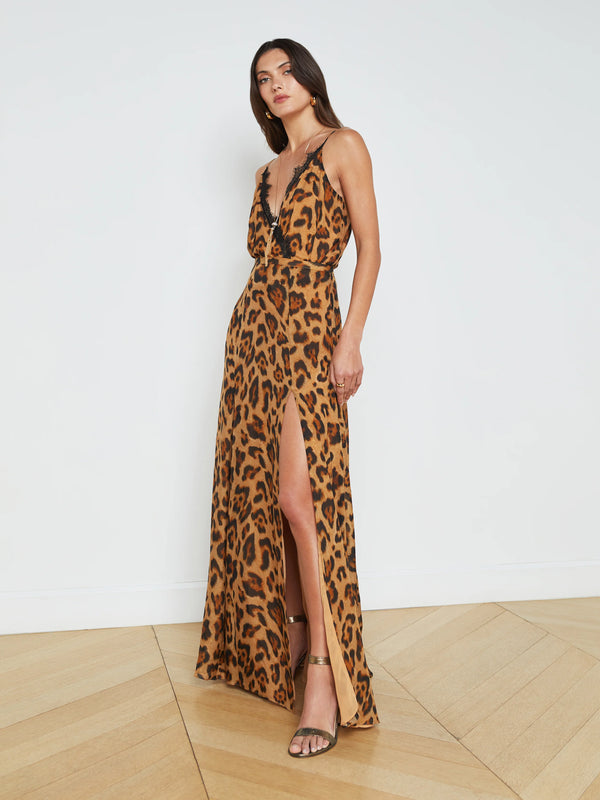 L’agence - Luca Silk Slit Front Skirt - Brown Multi Sahara Leopard