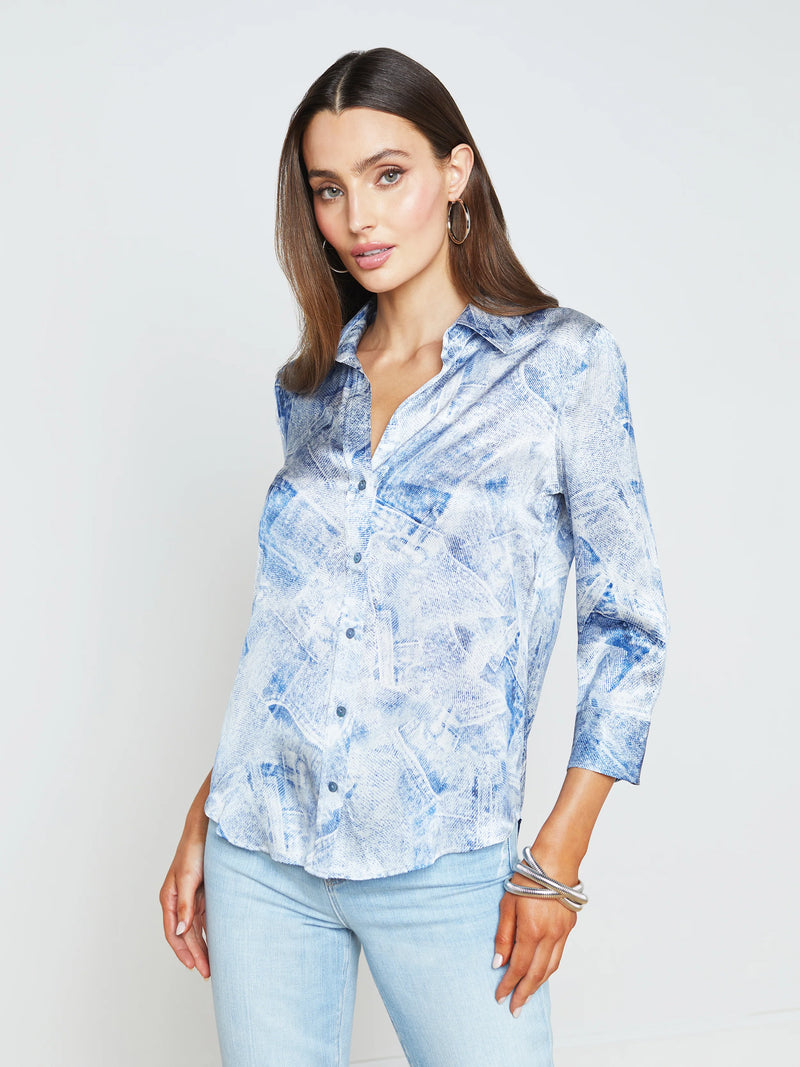 L’agence - Dani Silk Blouse - Blue Multi Denim Print