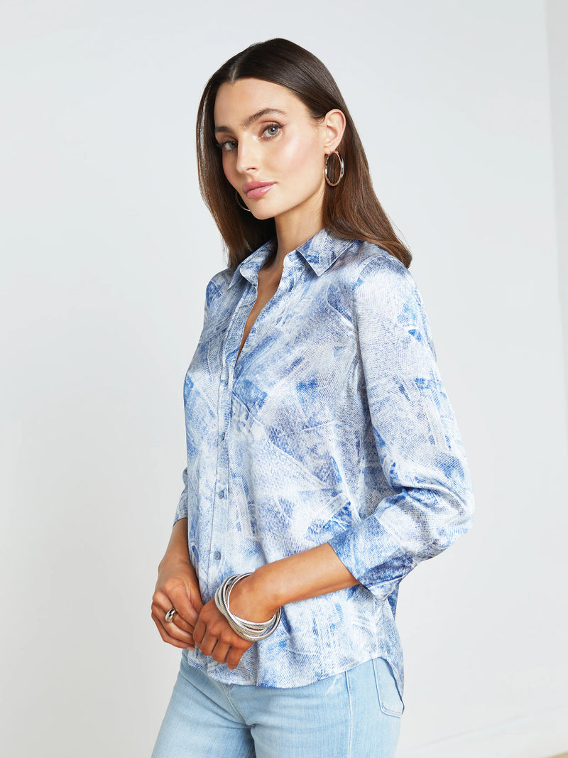 L’agence - Dani Silk Blouse - Blue Multi Denim Print