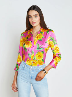 L’agence - Dani Silk Blouse - Shocking Pink/Yellow Multi Small Rose