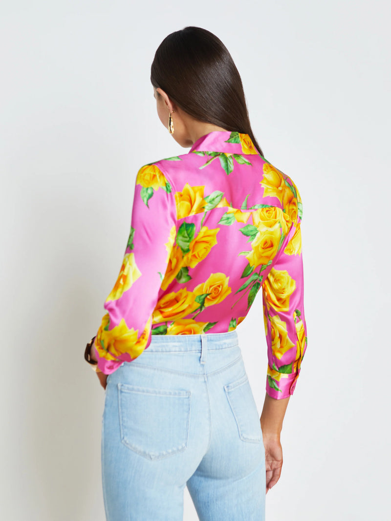 L’agence - Dani Silk Blouse - Shocking Pink/Yellow Multi Small Rose