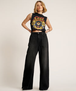 One Teaspoon - Love Machines Mid Waist Super Wide Leg Jeans - Washed Black